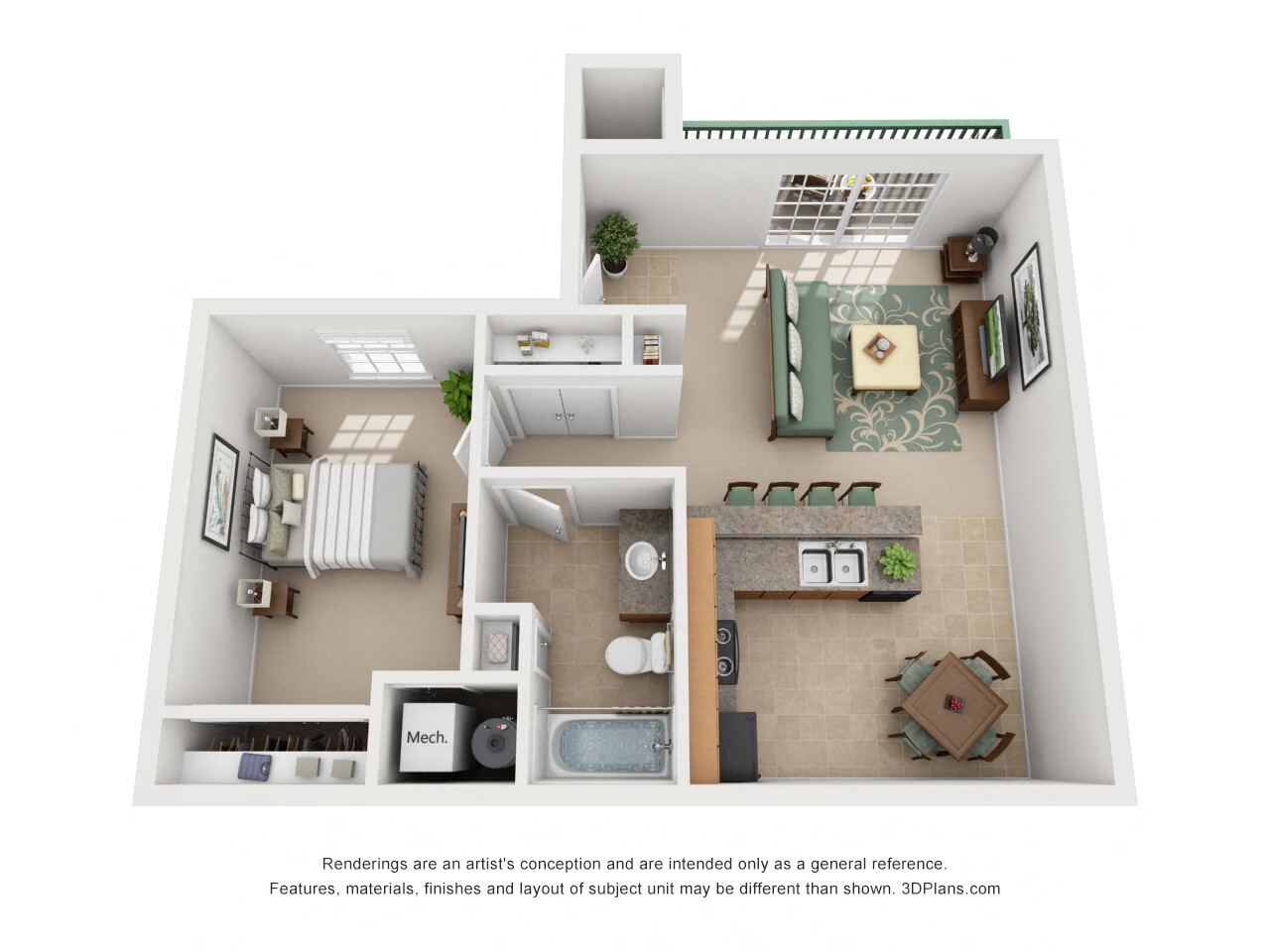 Floor plan for 1 bed, 1 bath, 624 sqft